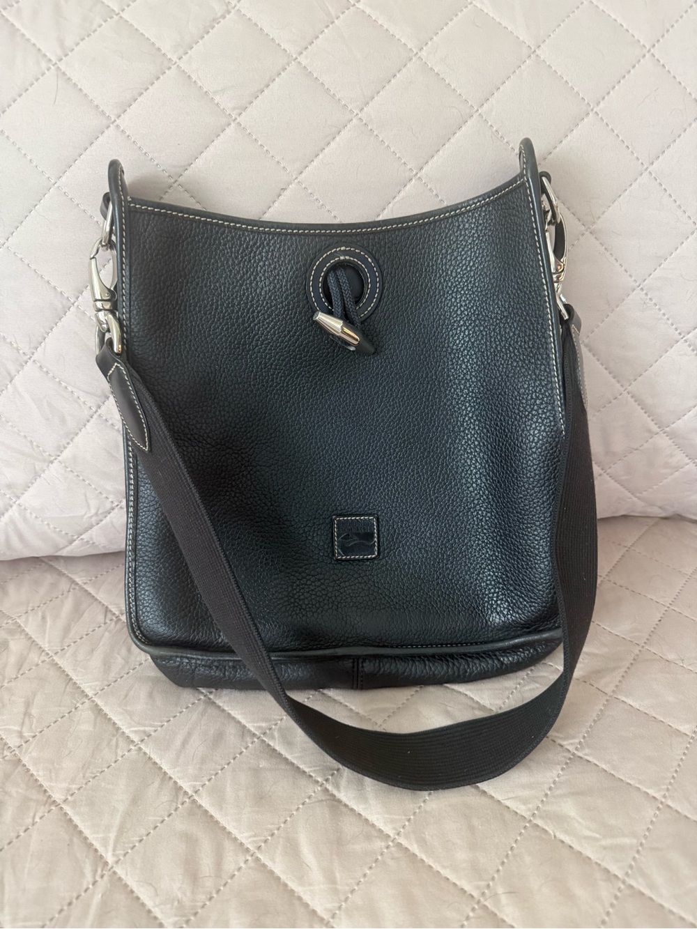 Vintage Dooney & Bourke Black Pebbled Leather Shoulder Bag with Canvas Strap